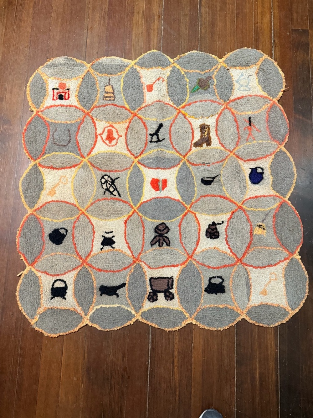 Handmade Hooked Wool Folk Art Rug - Gray & Cream with Orange Accents